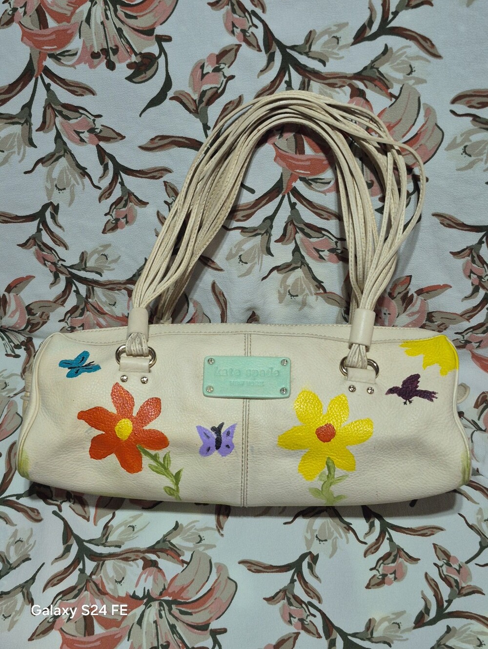 Vintage kate spade Barrel  Leather Shoulder Bag with Hand-Painted Floral Motif